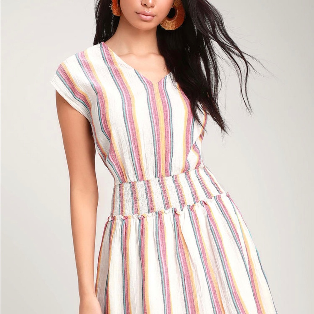 Lulus Bungalow Cream Multi Striped Mini Dress